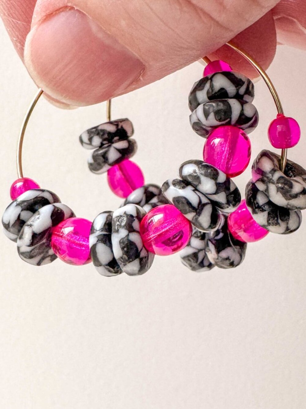 Recycled Glass Hoop Earrings Pink Black White Stainless Steel Beaded - Picture 3 of 12